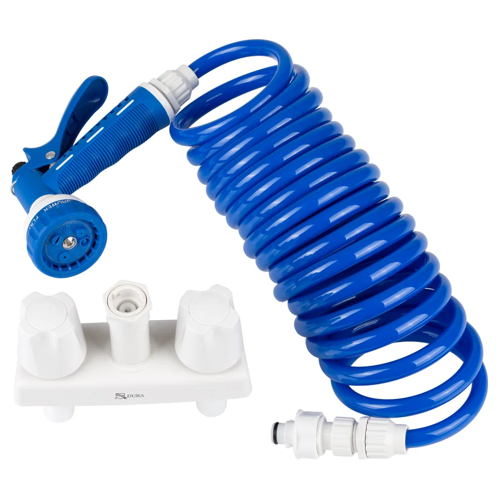 DF-SA186-WT – DURA FAUCET Exterior Spray Port, Faucet Type With Quick Connect Valve With 15 Inch Coil Hose 2 Knob Han...